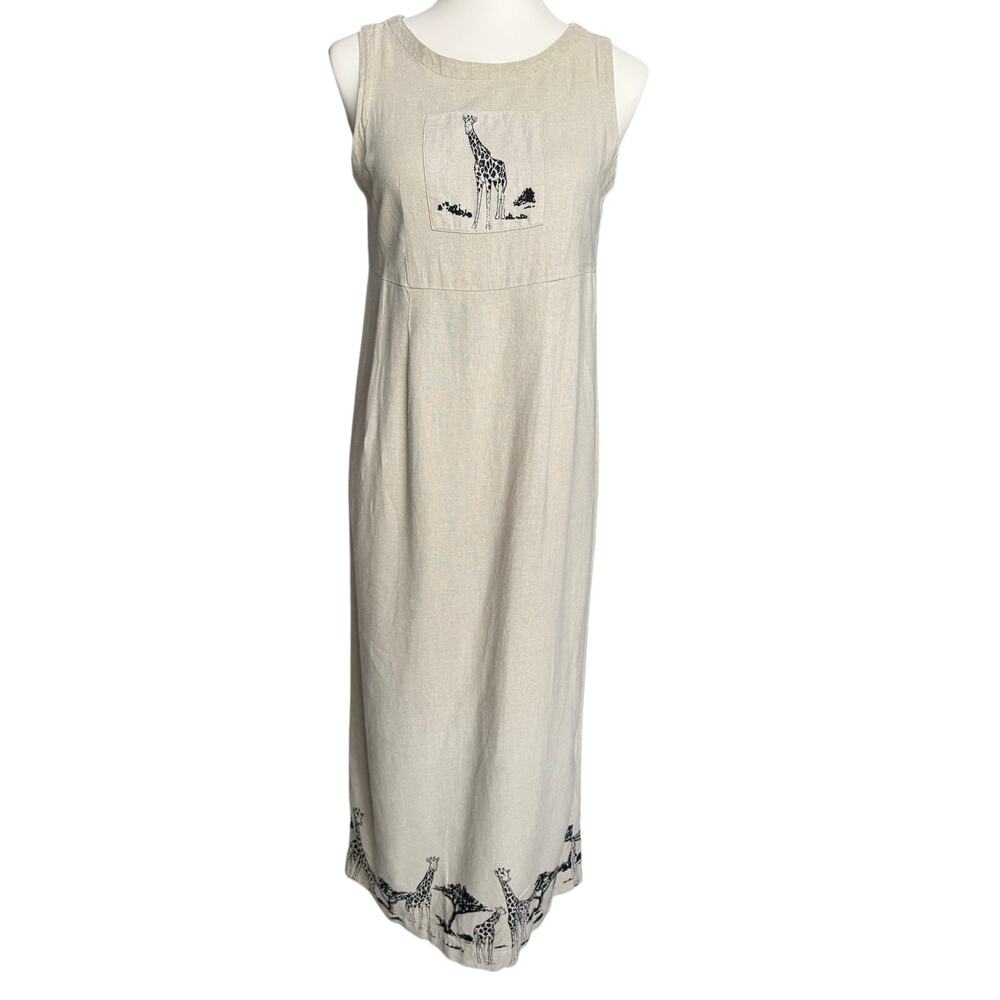 Jaclyn Smith 90s Vintage Linen Blend Safari Giraffe Midi Dress Neutral Small Y2K